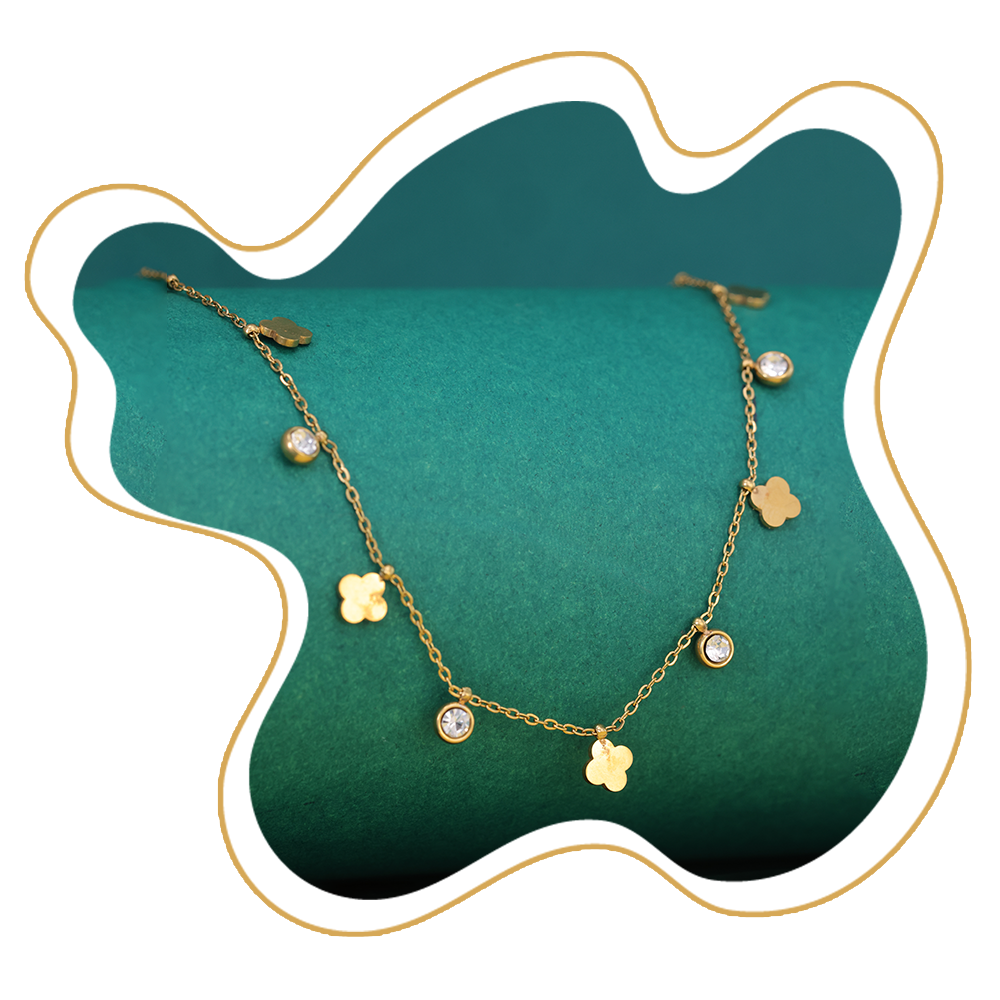 Four-Leaf Clover & CZ Charm Necklace – Gold Plated Artificial Jewellery