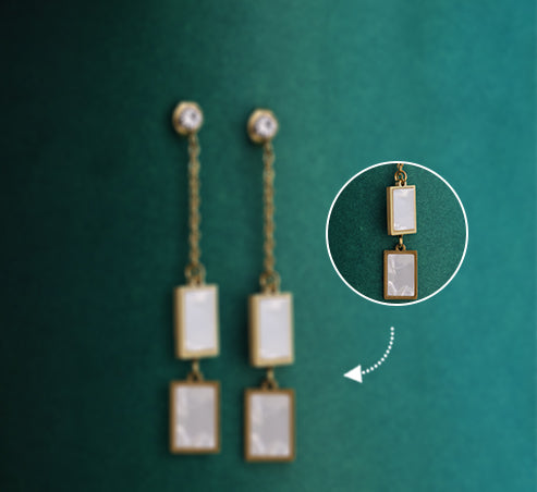 Gold-Plated Rectangular Drop Earrings with Stone Chain