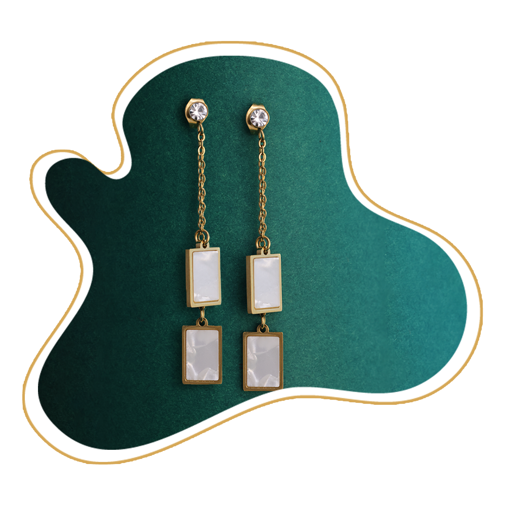 Gold-Plated Rectangular Drop Earrings with Stone Chain