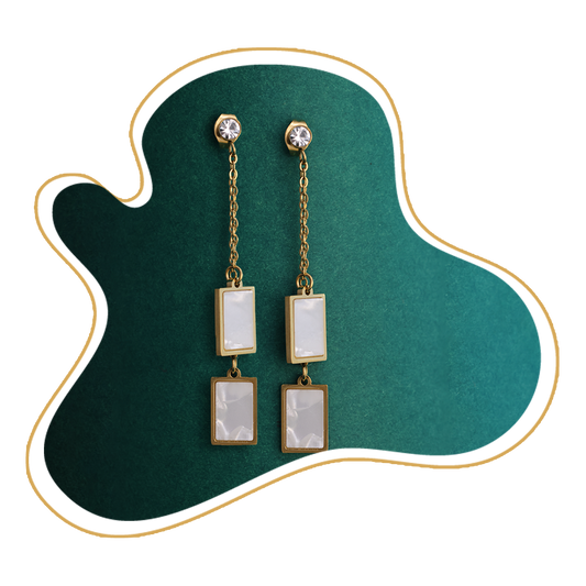 Gold-Plated Rectangular Drop Earrings with Stone Chain