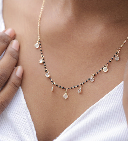 Elegant Diamond Drop Mangalsutra – Minimalist Gold-Plated Black Bead Necklace for Women