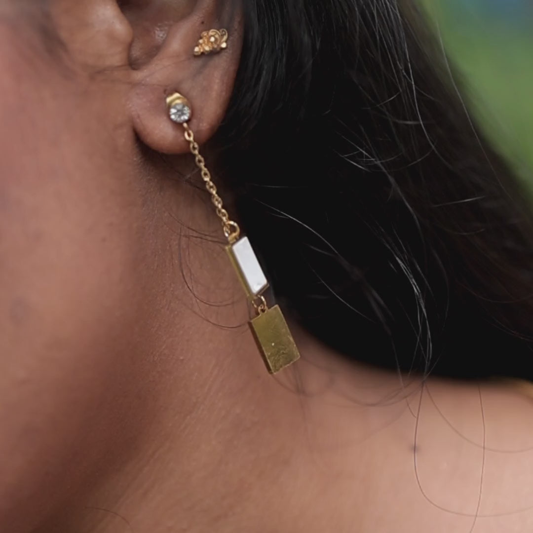 Gold-Plated Rectangular Drop Earrings with Stone Chain