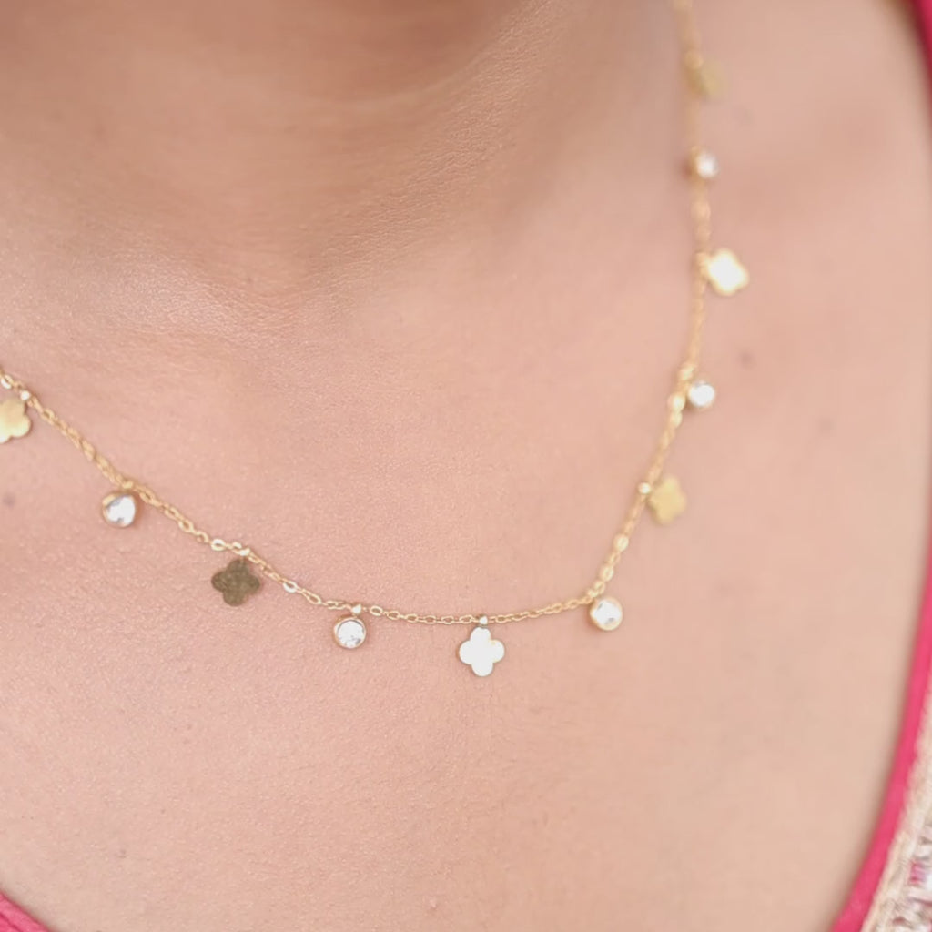 Four-Leaf Clover & CZ Charm Necklace – Gold Plated Artificial Jewellery