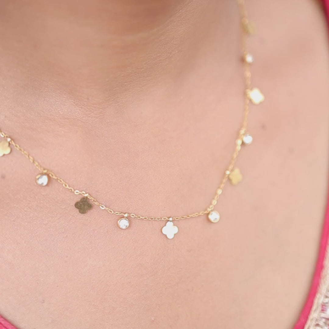 Four-Leaf Clover & CZ Charm Necklace – Gold Plated Artificial Jewellery